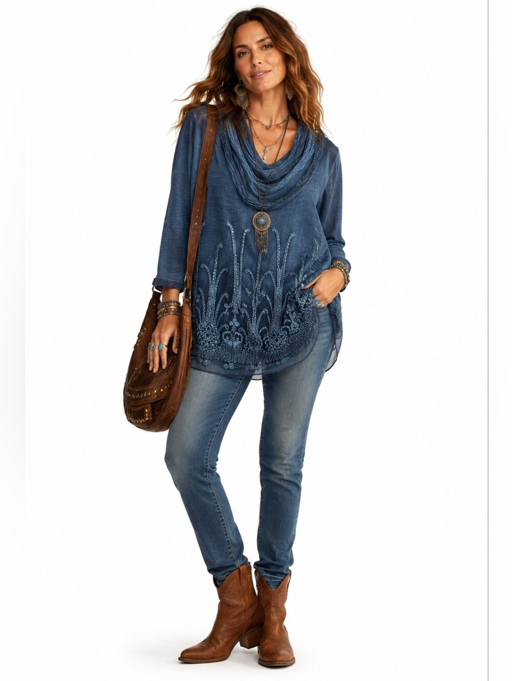 Soft Surroundings Beaux Arts Silk Tunic M Blue Embellished Cowl Neck Boho Hippie
